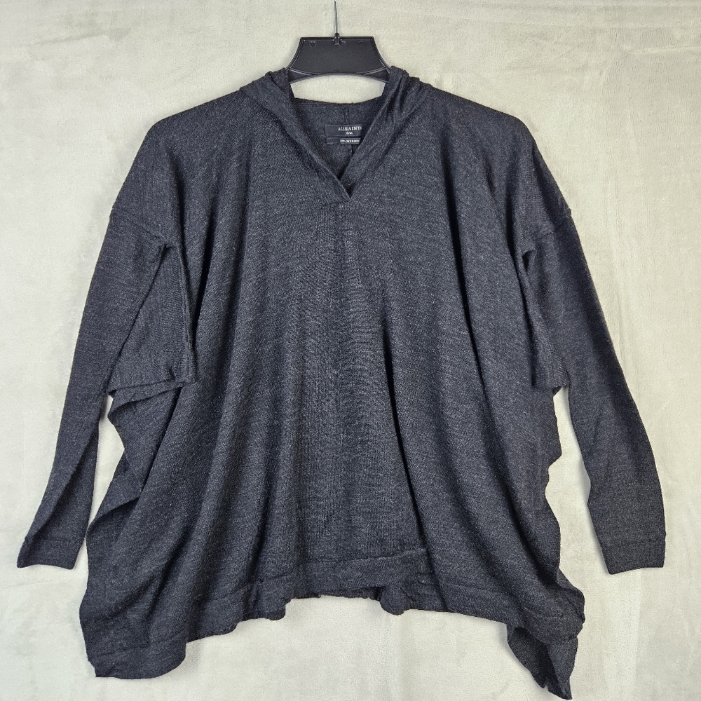 All Saints Women's Hooded Black Merino Wool Poncho With Sleeve Size Small